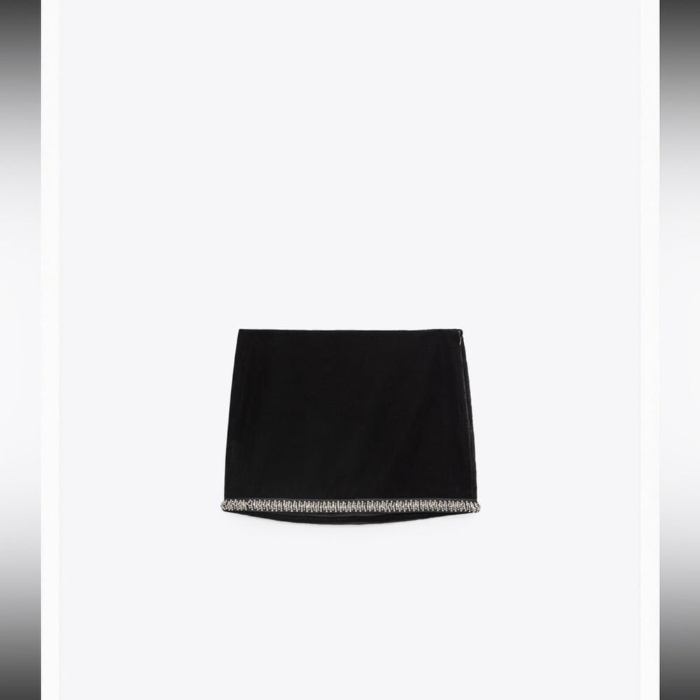 Zara Black Velvet Skirt with Rhinestone Trim | Size Medium New